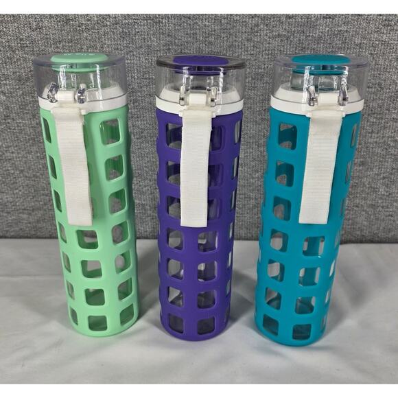 ELLO 3 SET GLASS WATER BOTTLES FLIP LID SILICONE SLEEVE 20OZ GREEN, TEAL, PURPLE - Picture 2 of 12